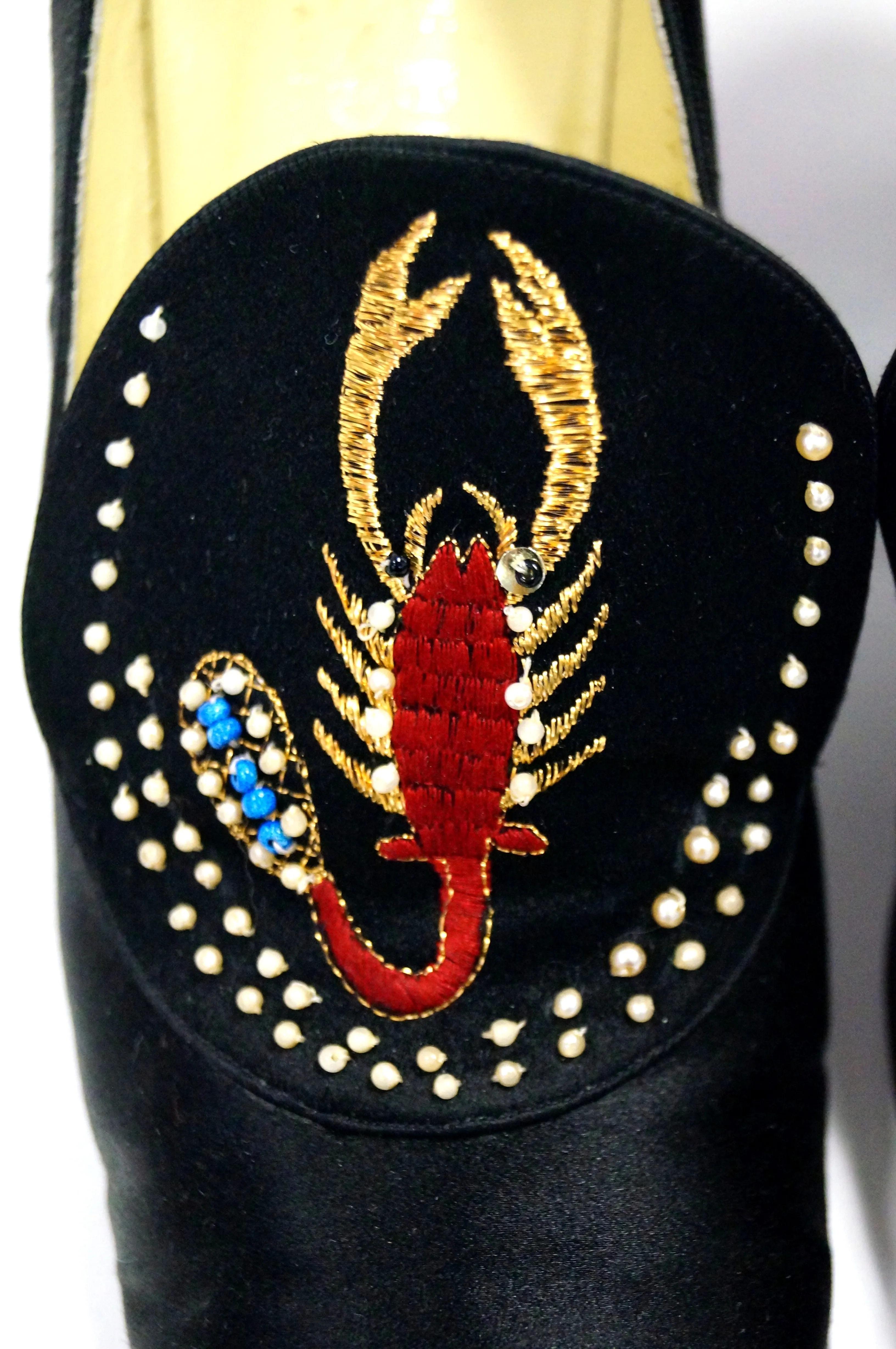 1970s “Shoe Biz” Grecian Scorpion Embroidered Satin Heel