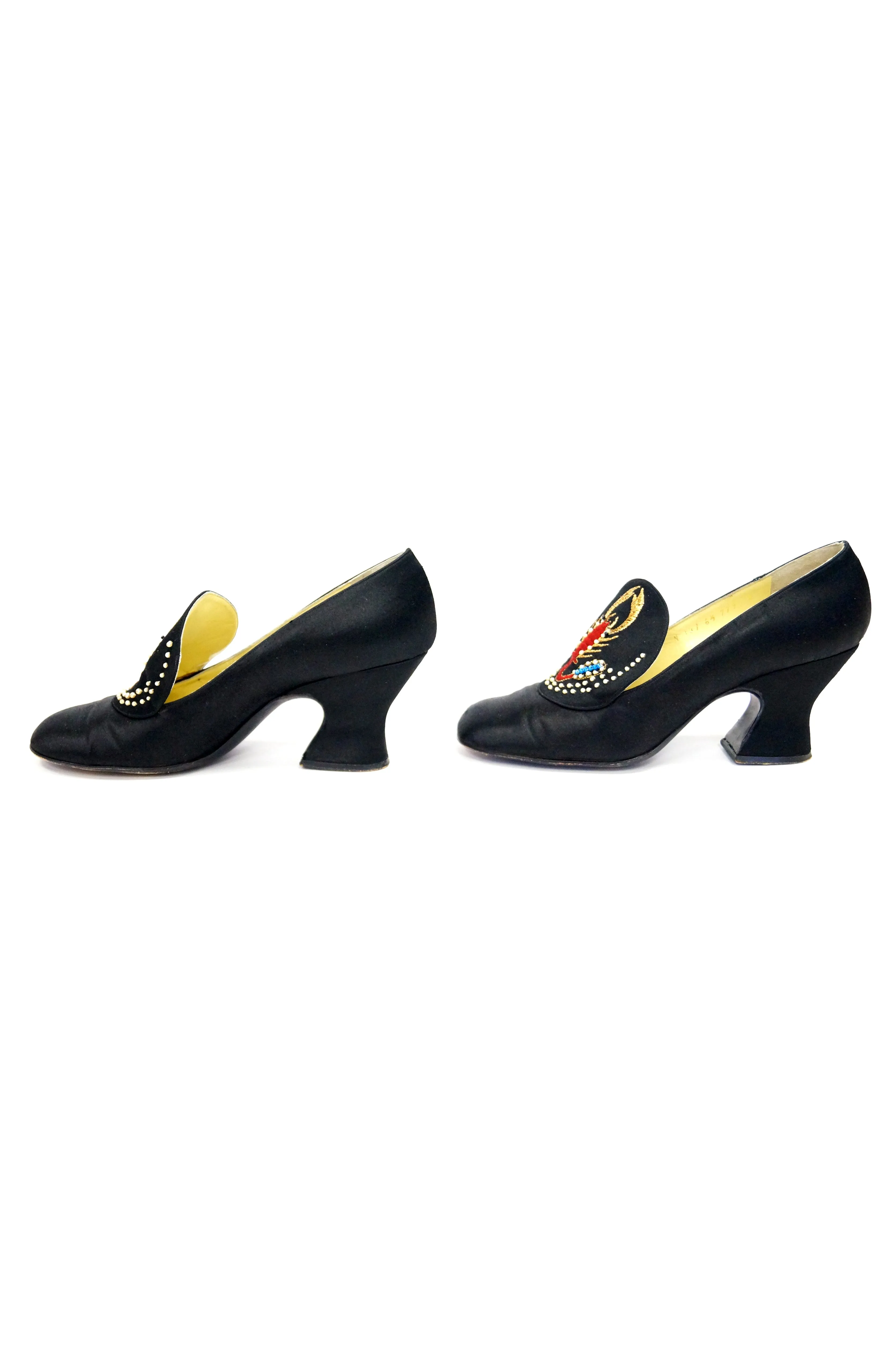 1970s “Shoe Biz” Grecian Scorpion Embroidered Satin Heel