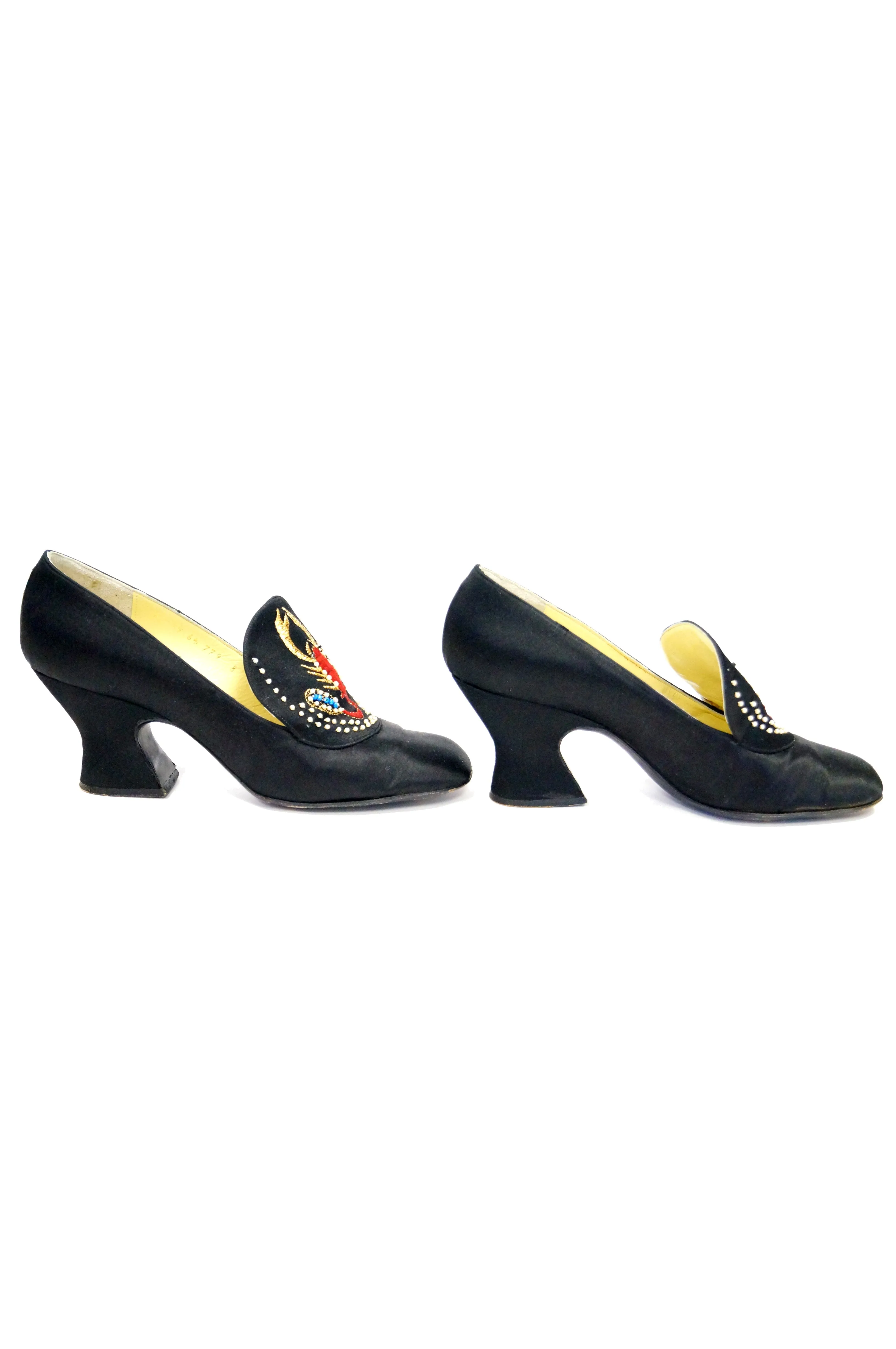 1970s “Shoe Biz” Grecian Scorpion Embroidered Satin Heel