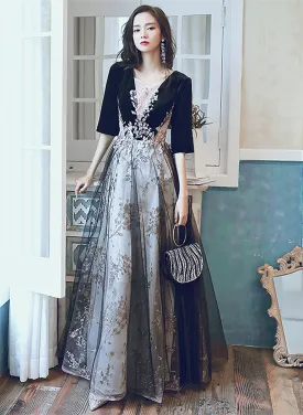 A-line Black Tulle and Velvet Long Party Dress, Black Prom Dress with Lace Applique