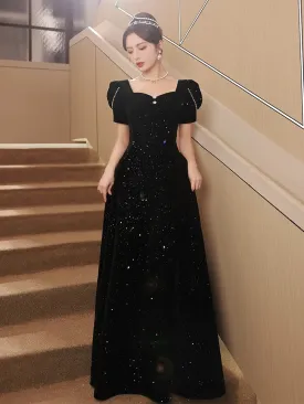 A-line Black Velvet Long Simple Floor Length Prom Dress, Black Velvet Party Dress