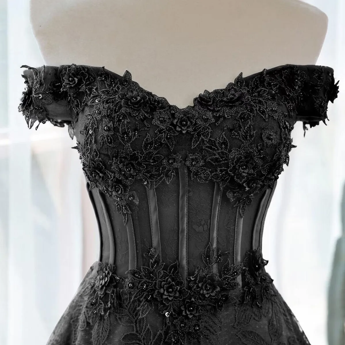 A-Line Off Shoulder Black Tulle With Lace Party Dress Black Long Prom Dress