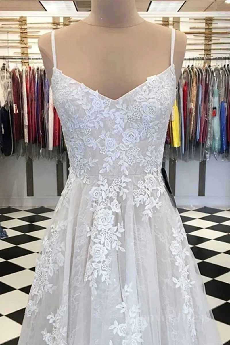 A Line V Neck Lace Appliques White Prom Dress Wedding Dress White Lace Formal Dress White Evening Dress