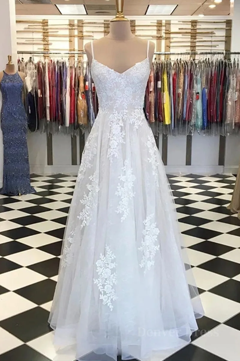 A Line V Neck Lace Appliques White Prom Dress Wedding Dress White Lace Formal Dress White Evening Dress