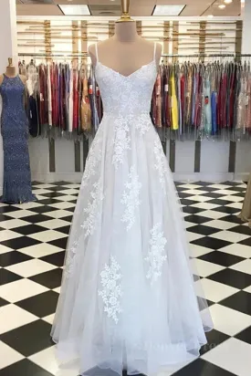 A Line V Neck Lace Appliques White Prom Dress Wedding Dress White Lace Formal Dress White Evening Dress