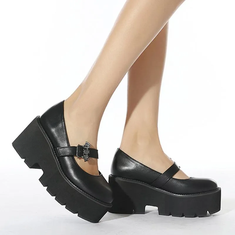 Amozae-2024 Leather Sweet Women Platform Mary Jane Shoes Solid Color Casual Females Pumps Wedges Buckle Chunky Shoes for Ladies