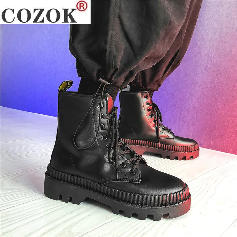 Amozae-- 2024 Winter New Black Thick Base Cloth Mid-Top Boots Men Fall British Trend Boots Hight-Top Korean Casual Men's Shoes Boots