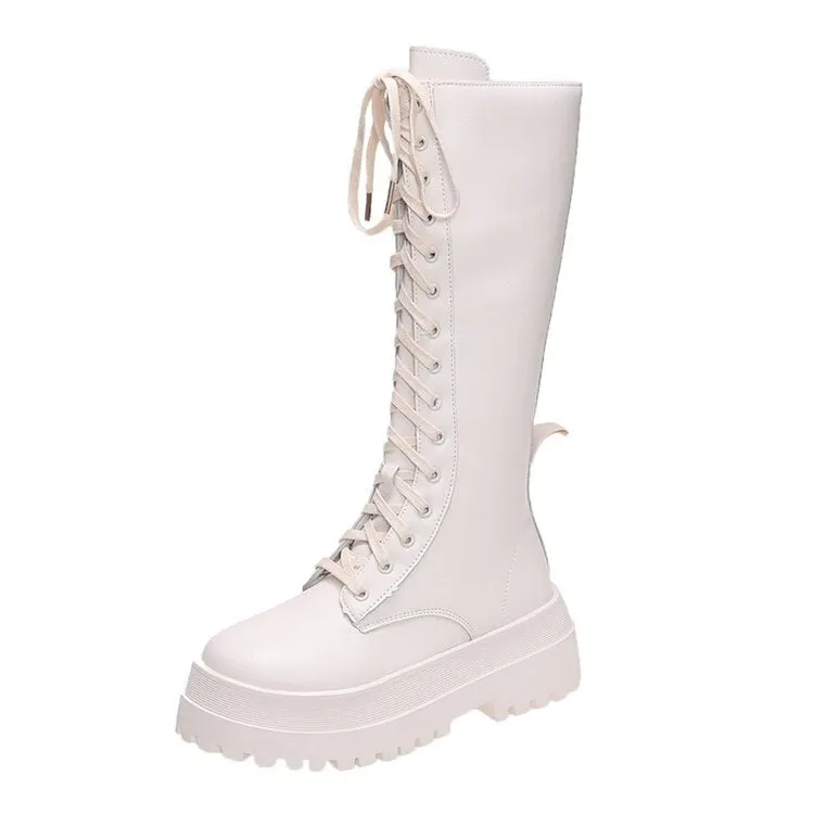 Amozae-Christmas Gift Size 35-40   Women's Boots Winter Autumn Locomotive Shoes Woman Med Heels Fashion Ladies British Boot Knee-high