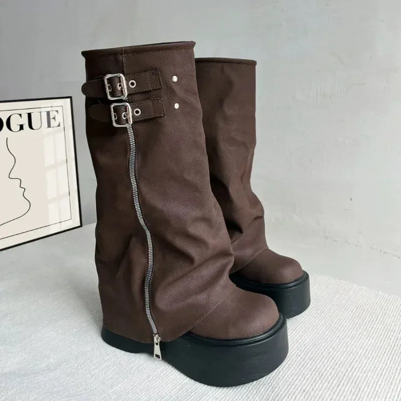 Amozae-Chunky Women Knight High Boots Fashion Platform Flats Trouser Long Booties Autumn Winter Female Western Cowboy Shoes