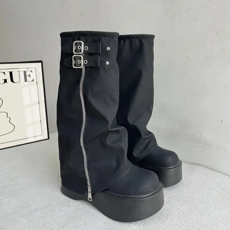 Amozae-Chunky Women Knight High Boots Fashion Platform Flats Trouser Long Booties Autumn Winter Female Western Cowboy Shoes