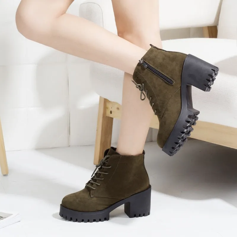 Amozae-Matte  boots High Heels Lace Up Ankle Boots For Women Shoes Black Platform Boot botines mujer  Winter botines