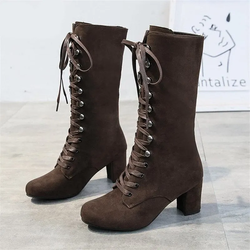 Amozae Sping Women Boots Fashion Flock Platform Gothic Boots Punk Combat Boots for Lace Up Thigh High Boots Winter Boots Women
