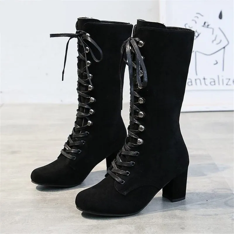 Amozae Sping Women Boots Fashion Flock Platform Gothic Boots Punk Combat Boots for Lace Up Thigh High Boots Winter Boots Women