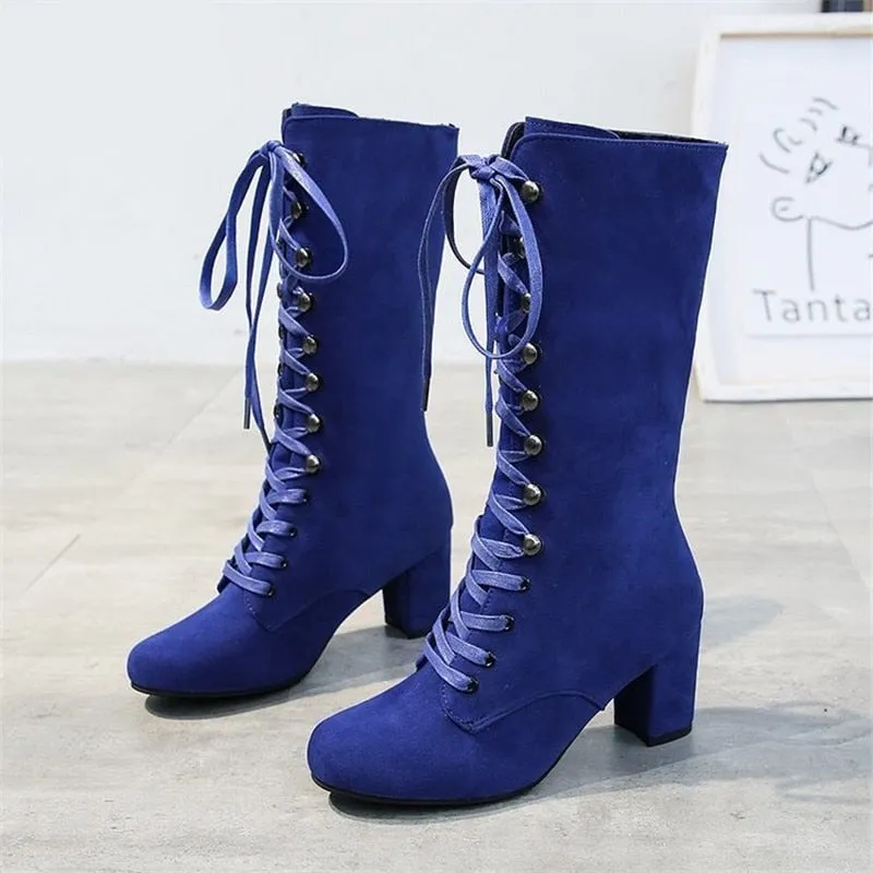 Amozae Sping Women Boots Fashion Flock Platform Gothic Boots Punk Combat Boots for Lace Up Thigh High Boots Winter Boots Women