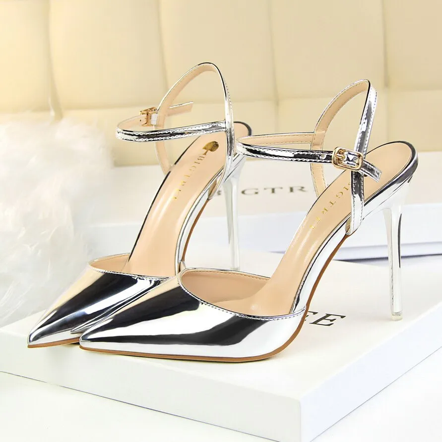 Amozae-Women 10.5cm High Heels Gold Sandals Lady Shiny Leather Stripper Strap Sandles Female Wedding Bridal Prom   Fetish Red Shoes