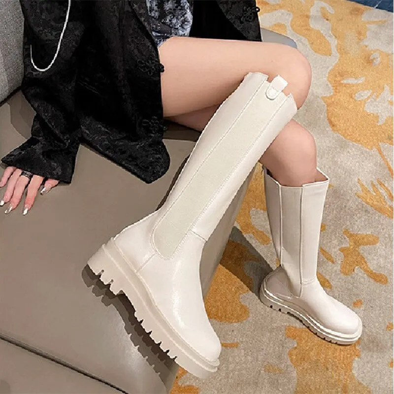 Amozae- Women's Knee High Boots Soft PU Women Long Boots Slip On  Woman Boot Thick Platform Round Toe Female Shoes Autumn Winter