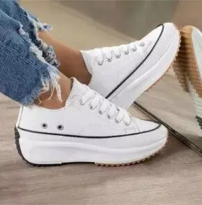Amozae Women's Solid Color Canvas Lace-up High-heeled Thick-soled Breathable Non-slip Comfortable Fashion Casual Sneakers