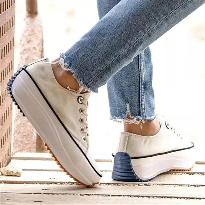 Amozae Women's Solid Color Canvas Lace-up High-heeled Thick-soled Breathable Non-slip Comfortable Fashion Casual Sneakers
