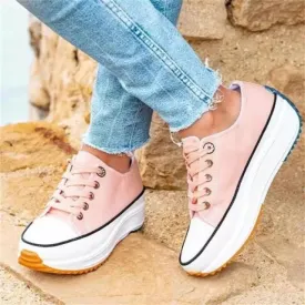 Amozae Women's Solid Color Canvas Lace-up High-heeled Thick-soled Breathable Non-slip Comfortable Fashion Casual Sneakers