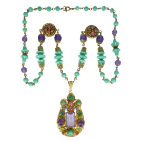 Antique Czechoslovakian Purple & Green Glass Enamel Pendant Necklace