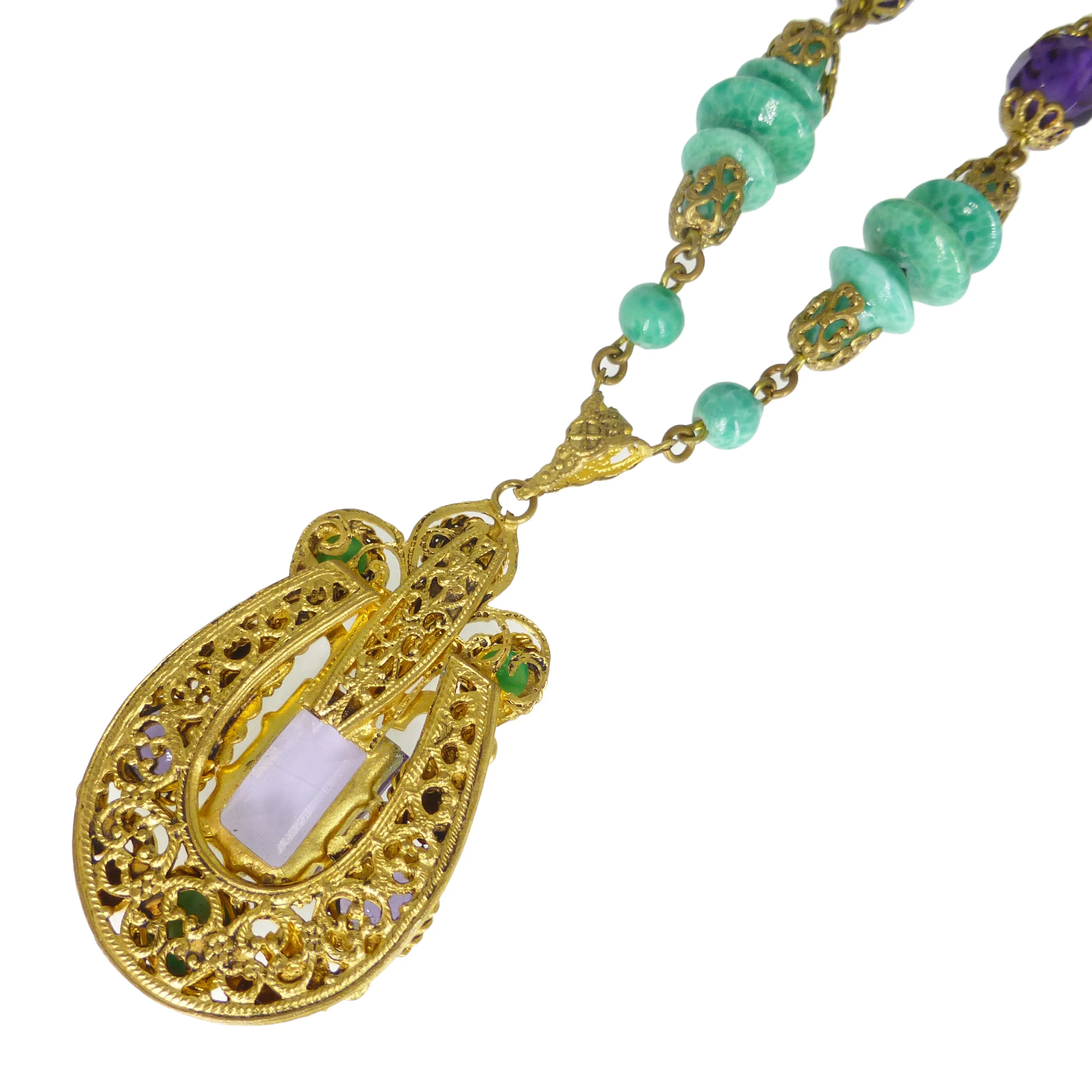 Antique Czechoslovakian Purple & Green Glass Enamel Pendant Necklace