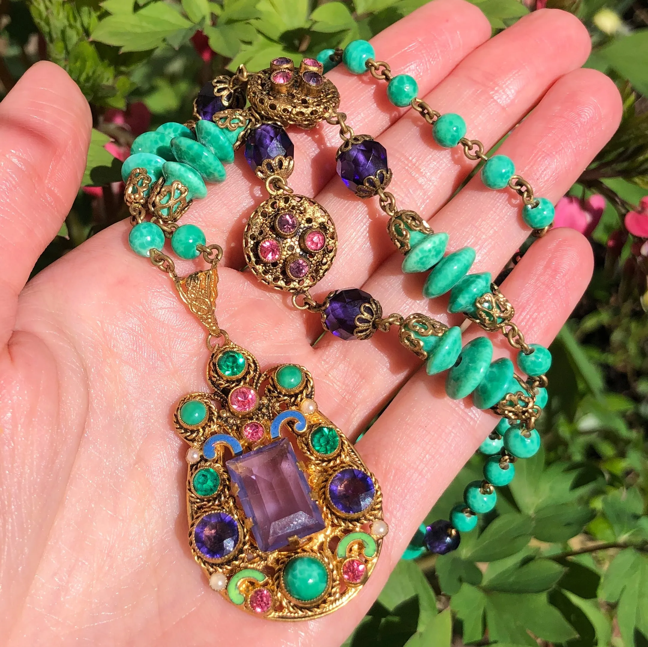 Antique Czechoslovakian Purple & Green Glass Enamel Pendant Necklace