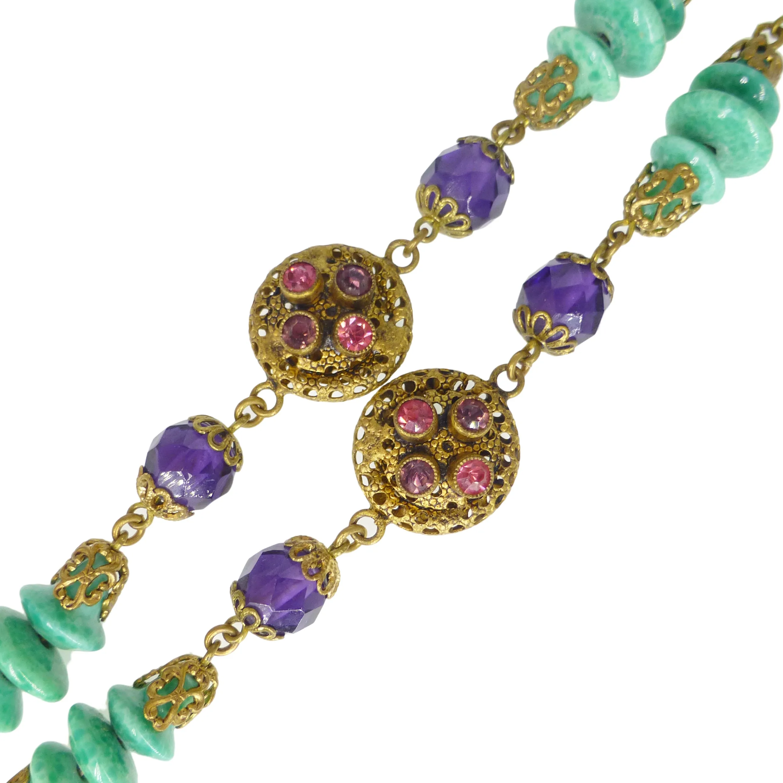Antique Czechoslovakian Purple & Green Glass Enamel Pendant Necklace