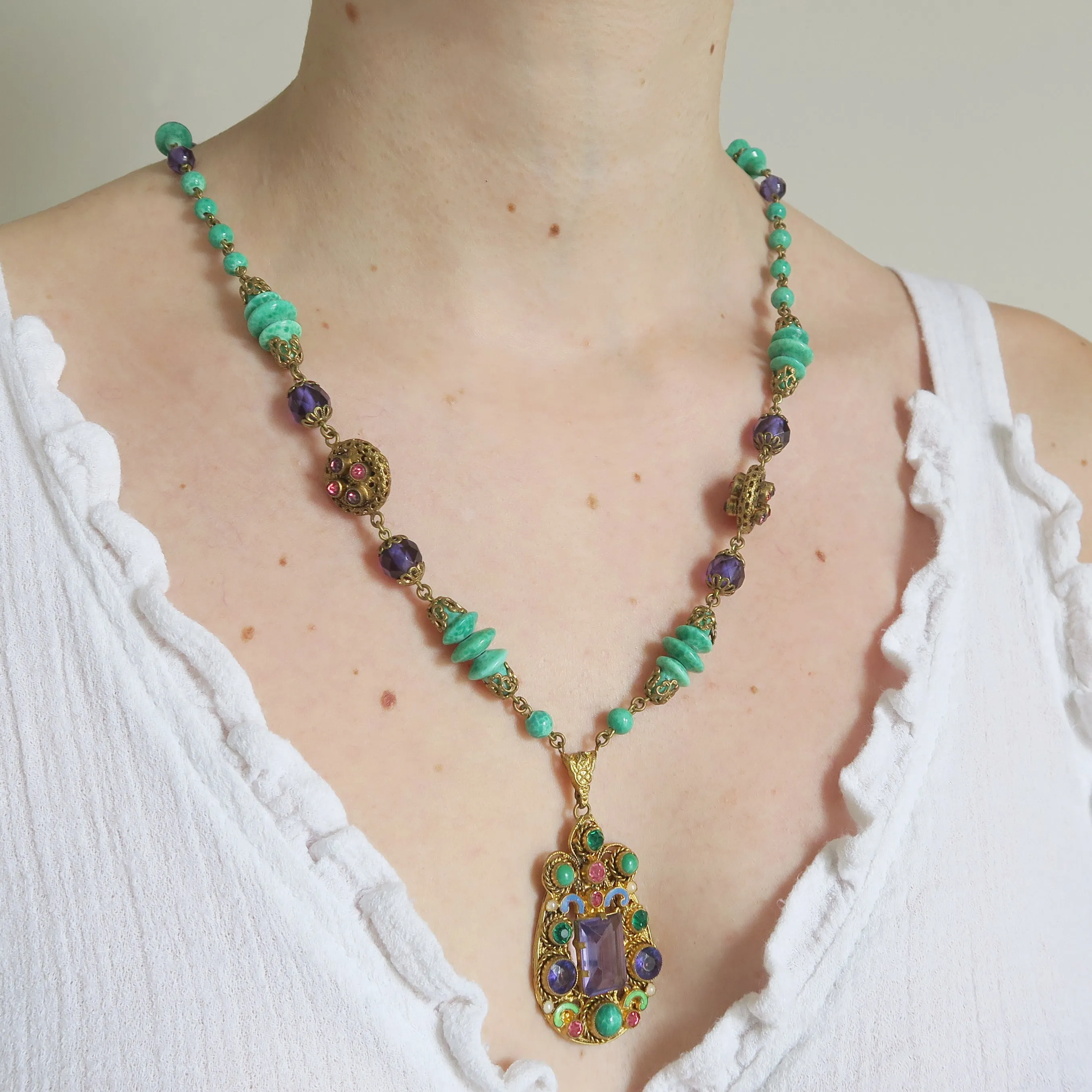 Antique Czechoslovakian Purple & Green Glass Enamel Pendant Necklace
