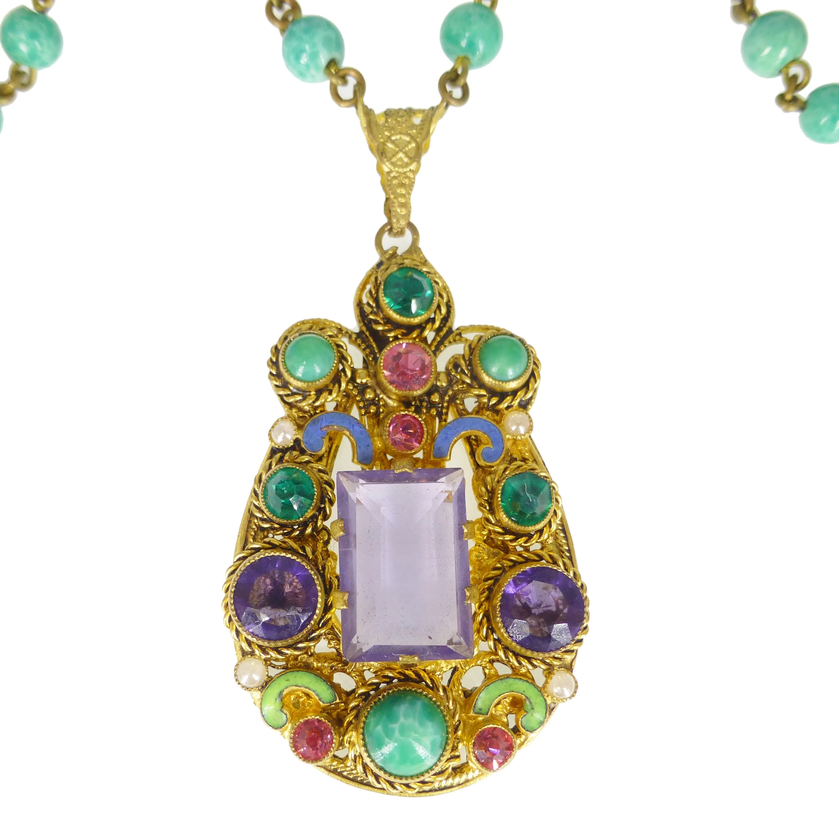 Antique Czechoslovakian Purple & Green Glass Enamel Pendant Necklace