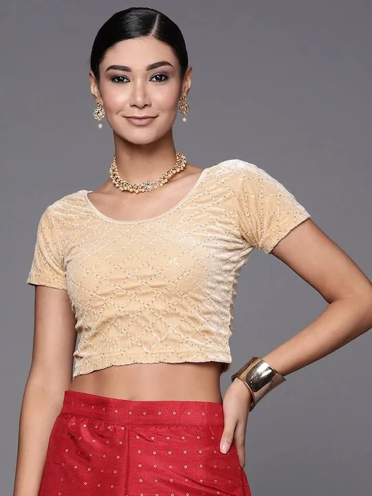 Beige Sequined Velvet Stretchable Saree Blouse