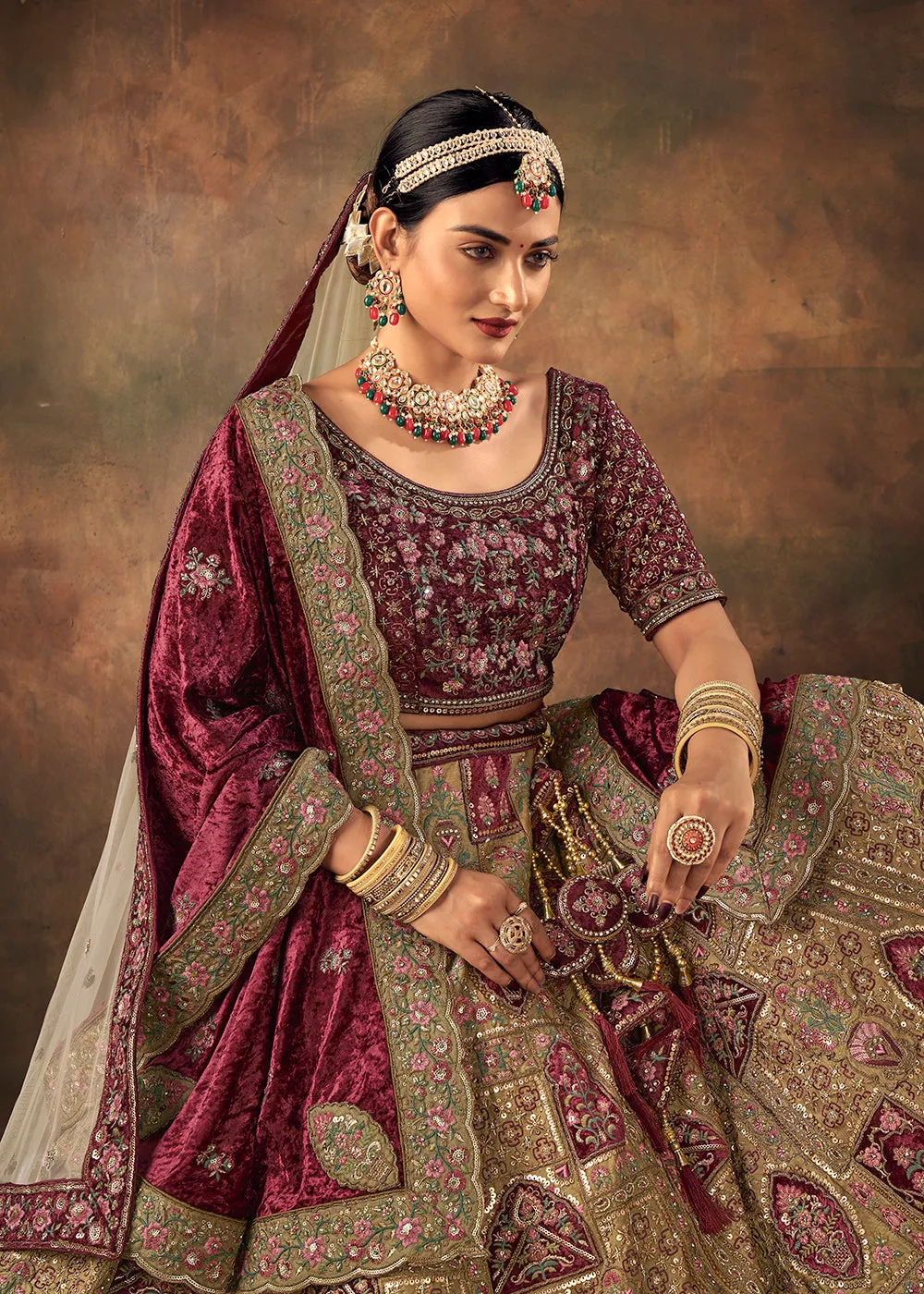 Beige Velvet Hand Embroidered Bridal Lehenga Choli