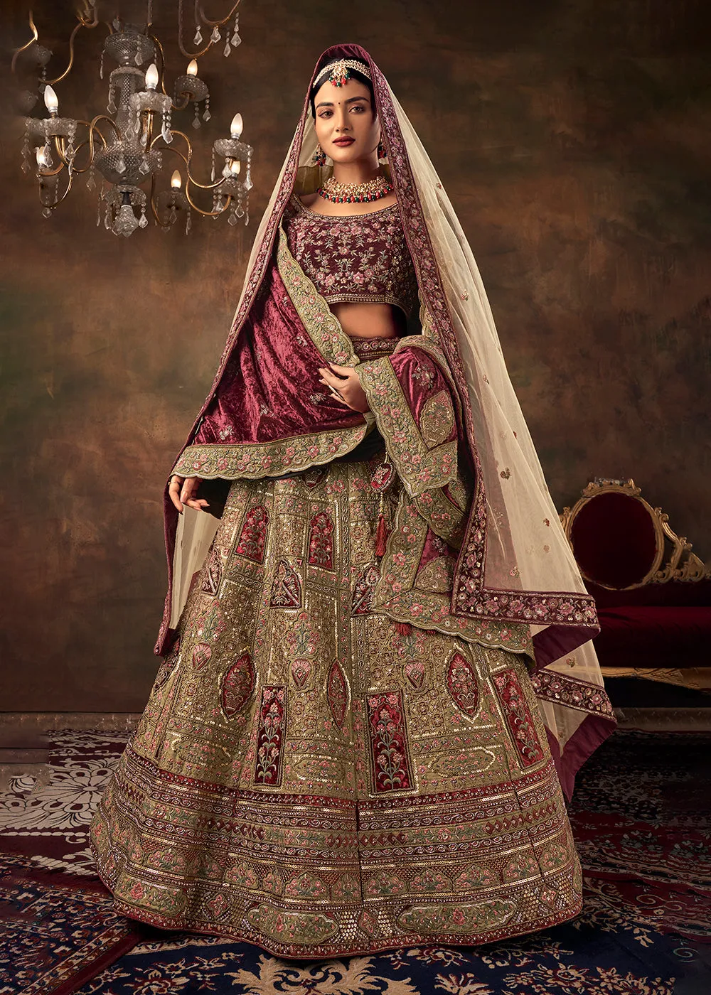 Beige Velvet Hand Embroidered Bridal Lehenga Choli