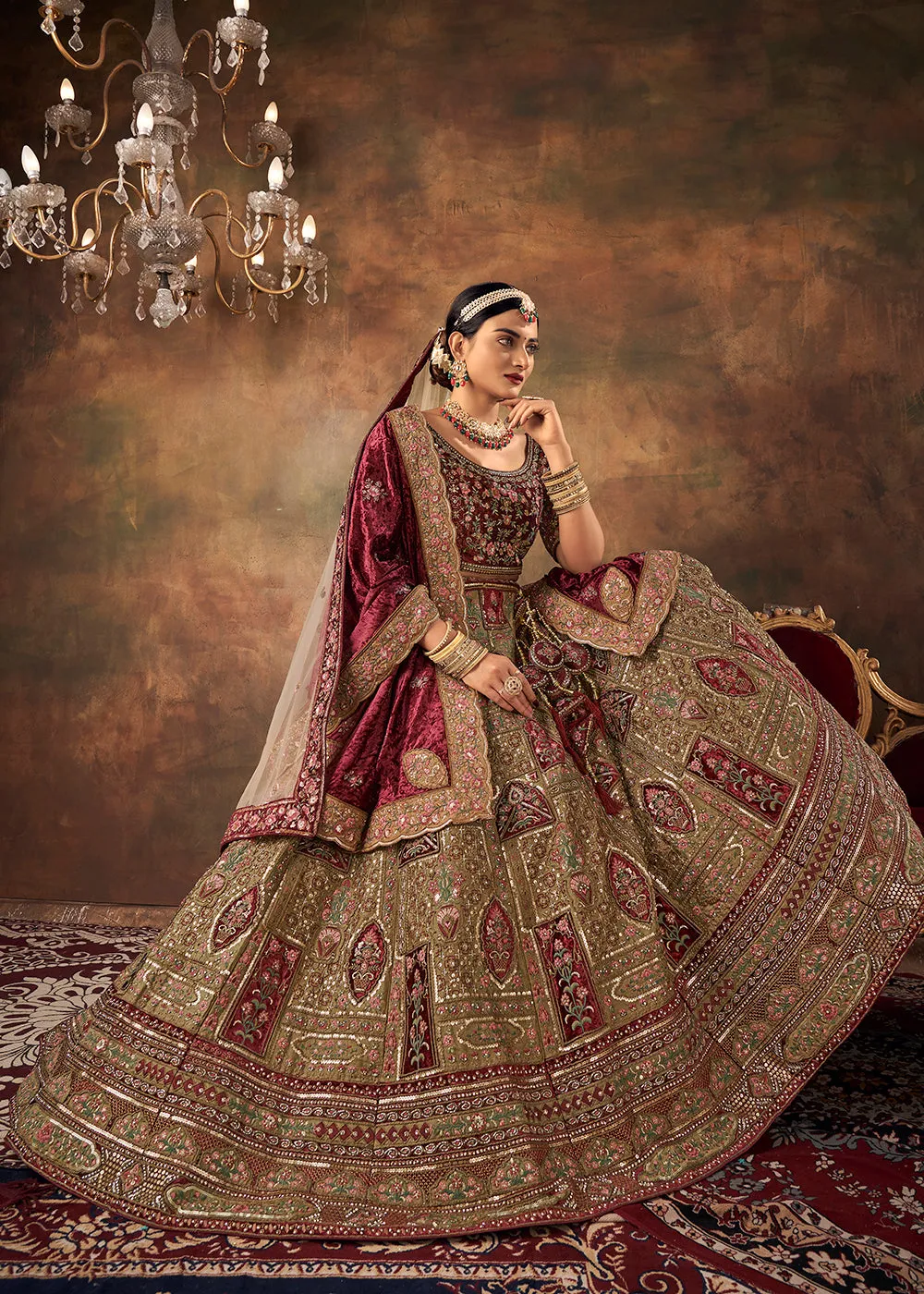 Beige Velvet Hand Embroidered Bridal Lehenga Choli