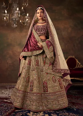 Beige Velvet Hand Embroidered Bridal Lehenga Choli
