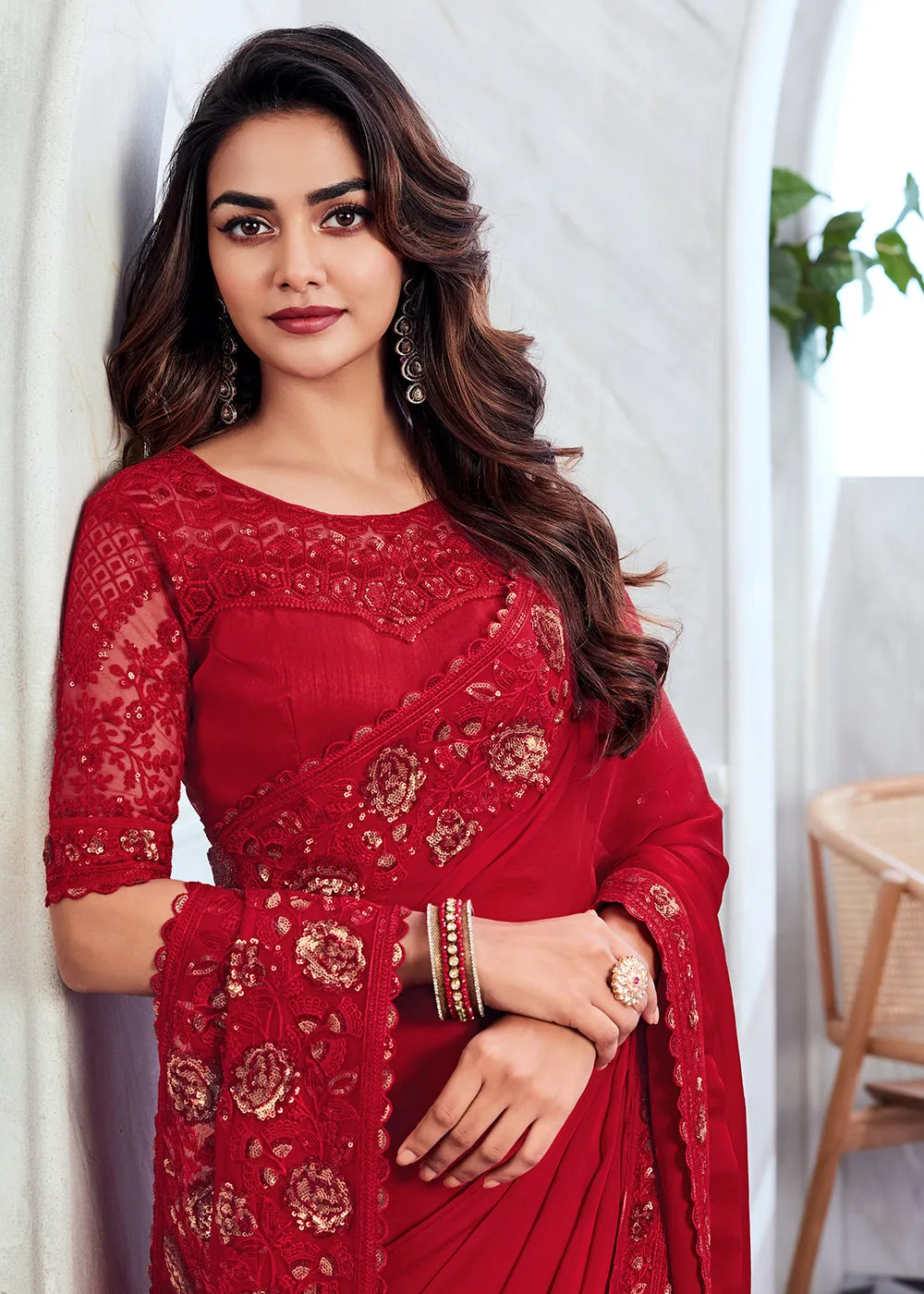 Bewitching Red Silk Embroidered Designer Saree