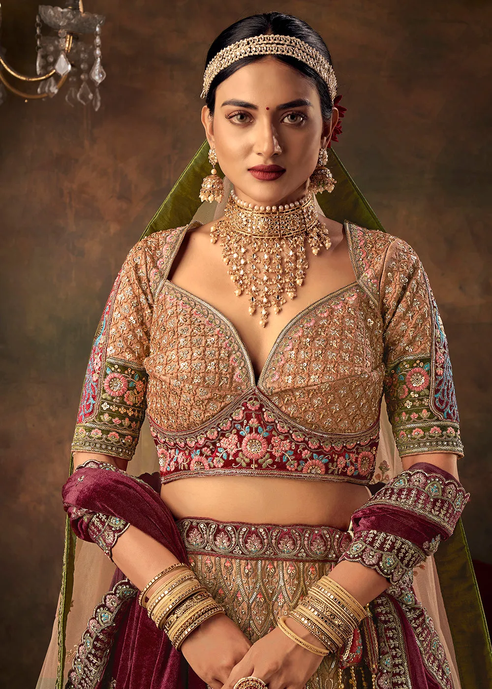 Biscuit Beige Velvet Hand Embroidered Bridal Lehenga Choli