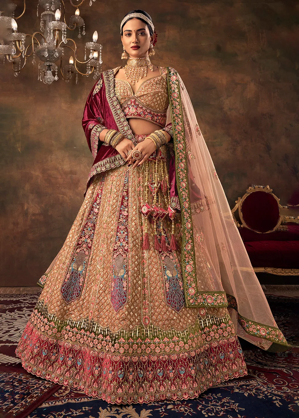Biscuit Beige Velvet Hand Embroidered Bridal Lehenga Choli