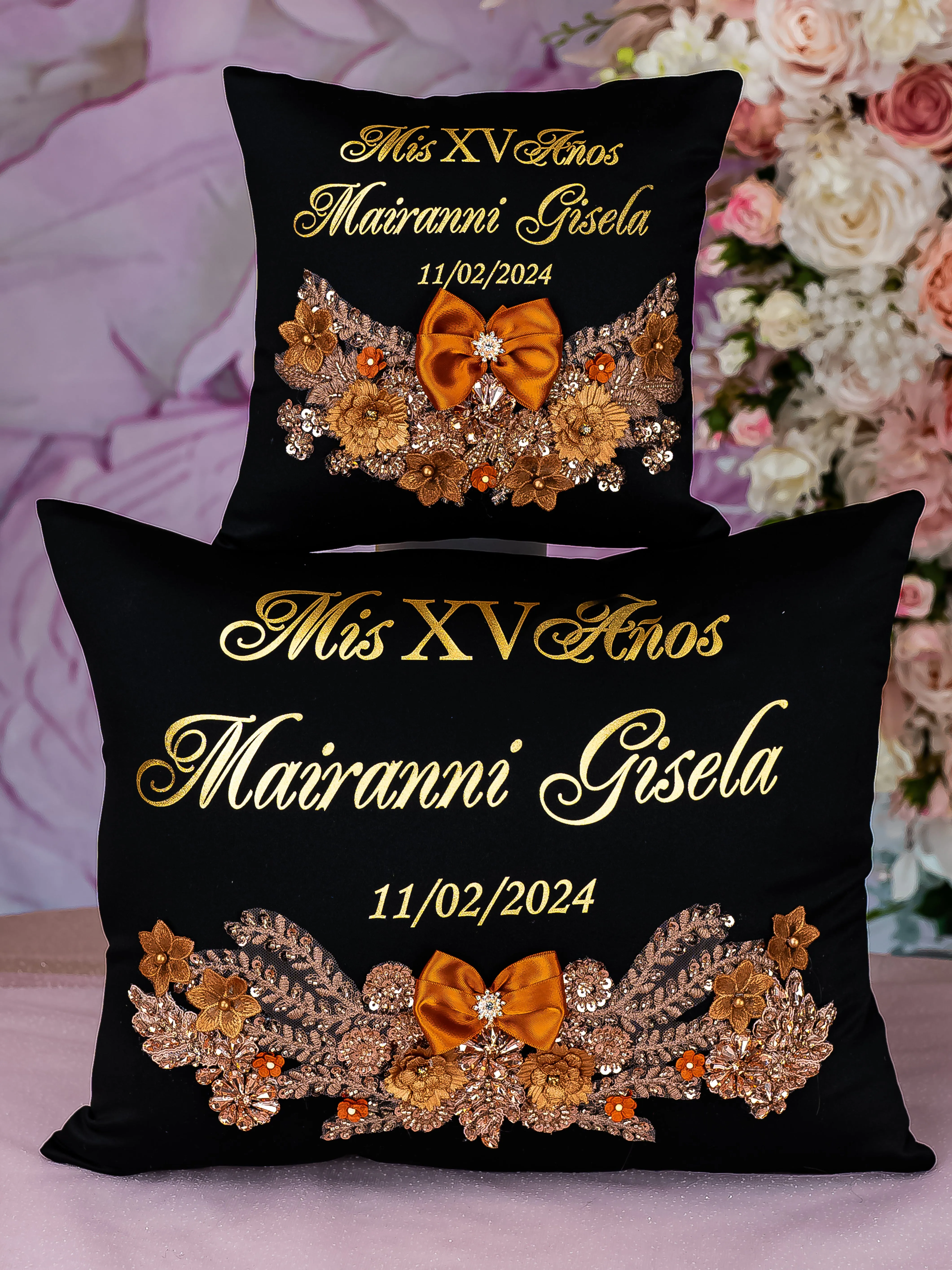 Black burnt orange quinceanera kneeling pillow, shoes pillow