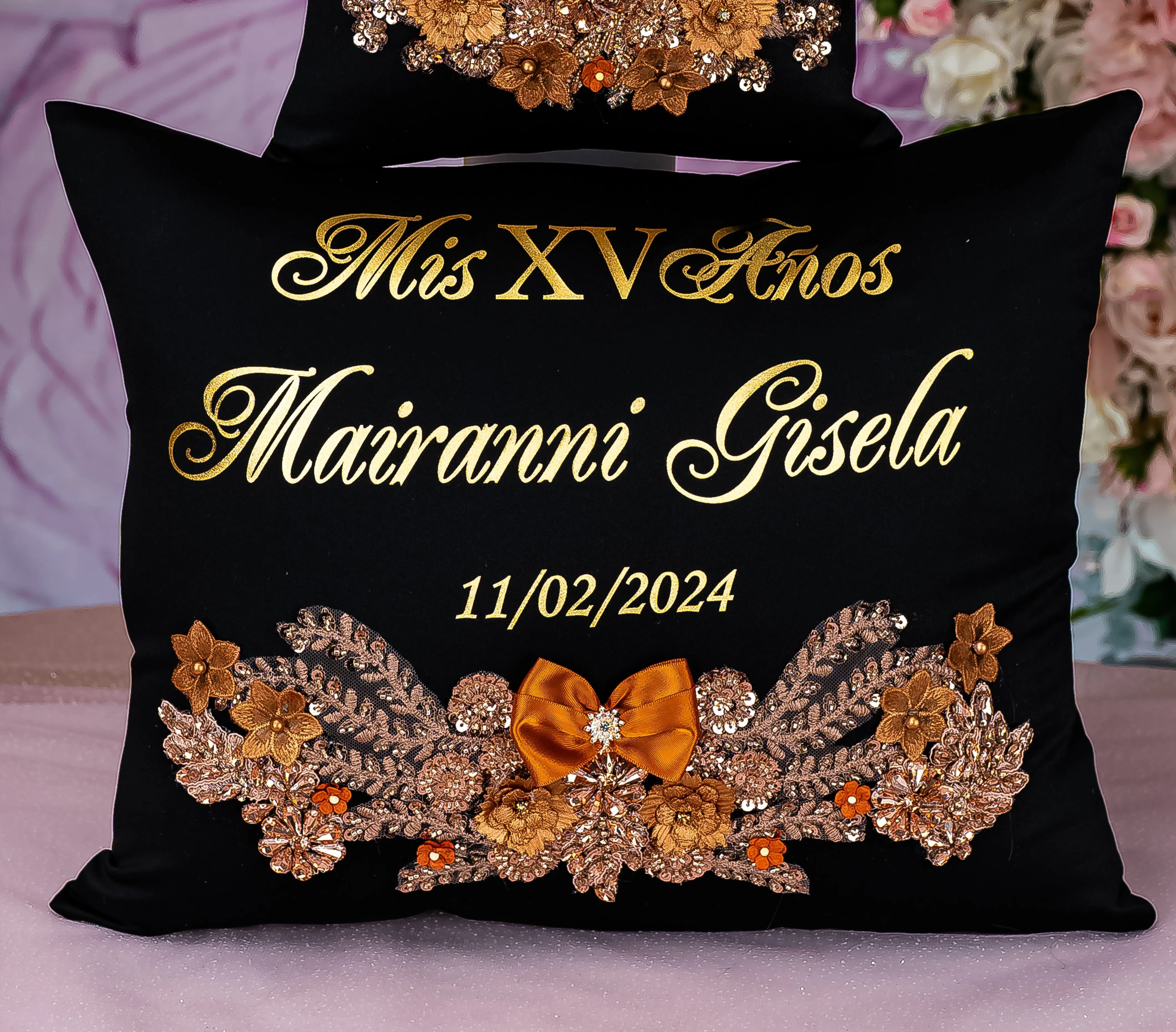Black burnt orange quinceanera kneeling pillow, shoes pillow
