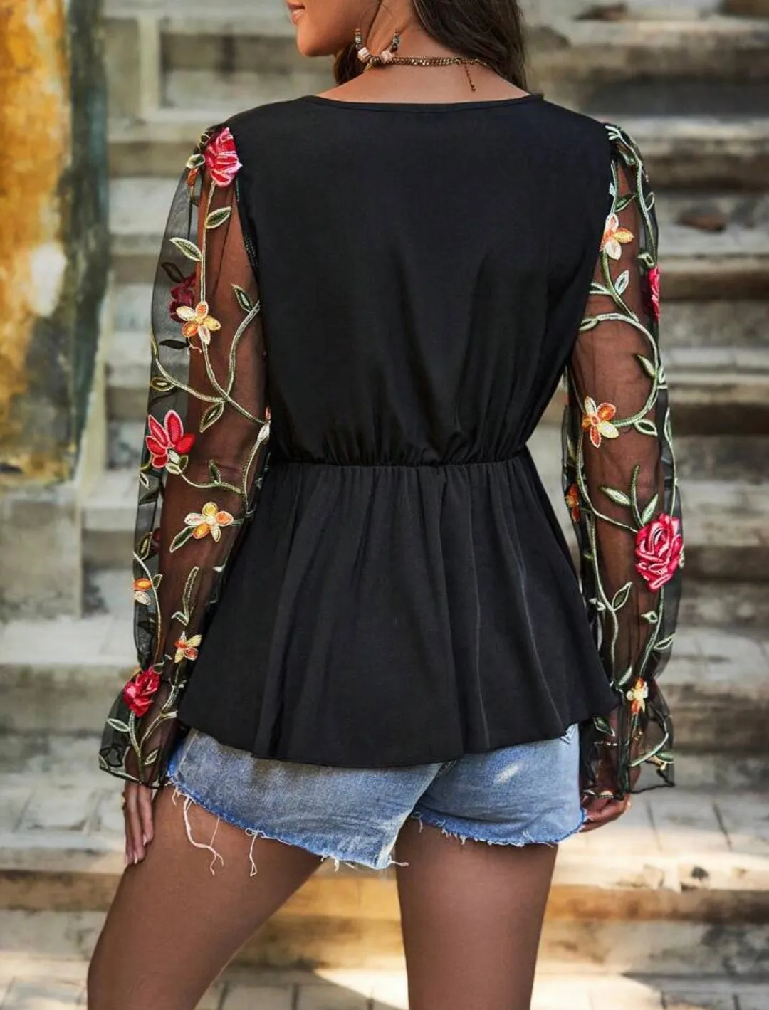 Black Floral Embroidered V Neck Ruffle Hem Blouse