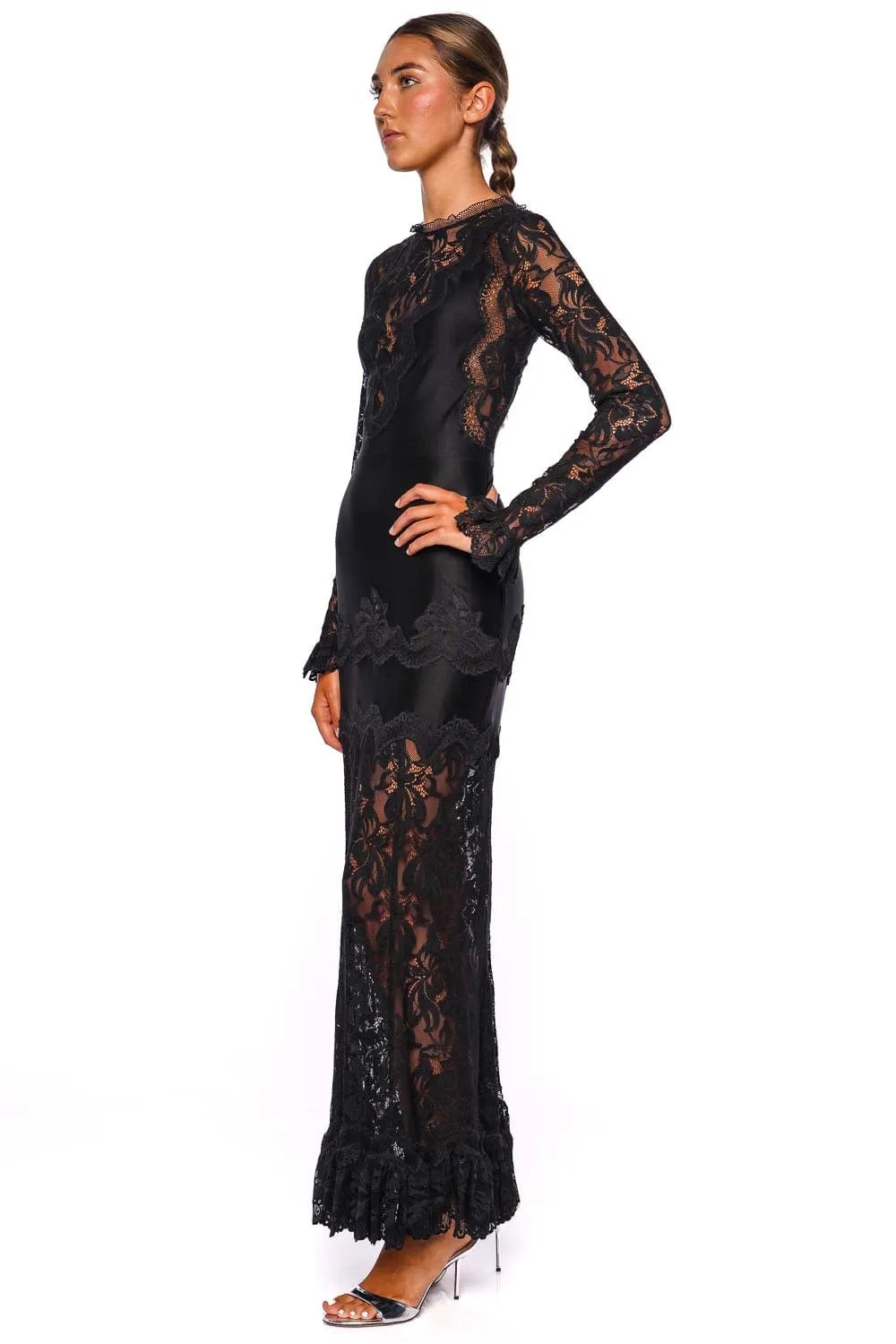 Black Lace Long Sleeve Ruched Midi Dress