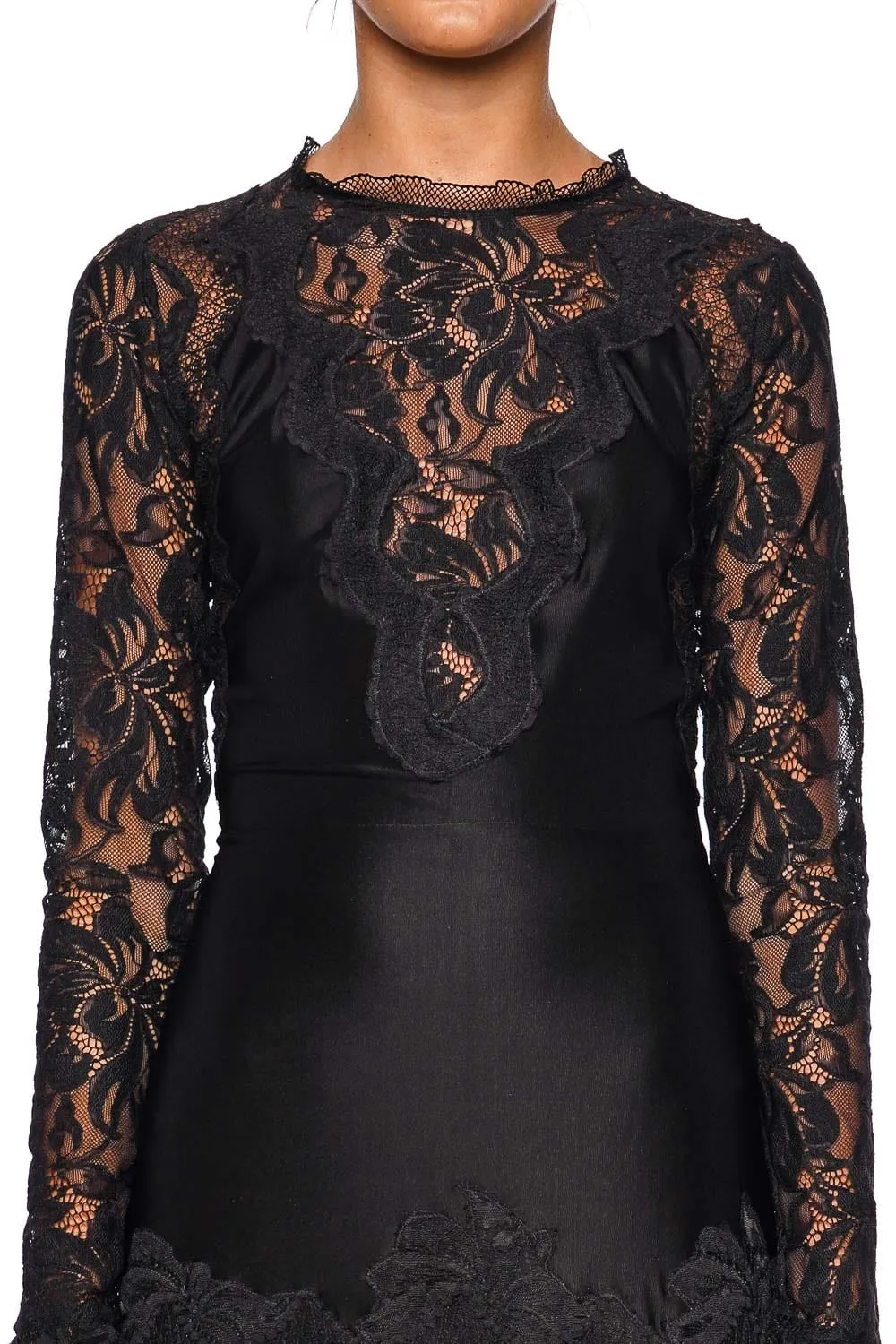 Black Lace Long Sleeve Ruched Midi Dress