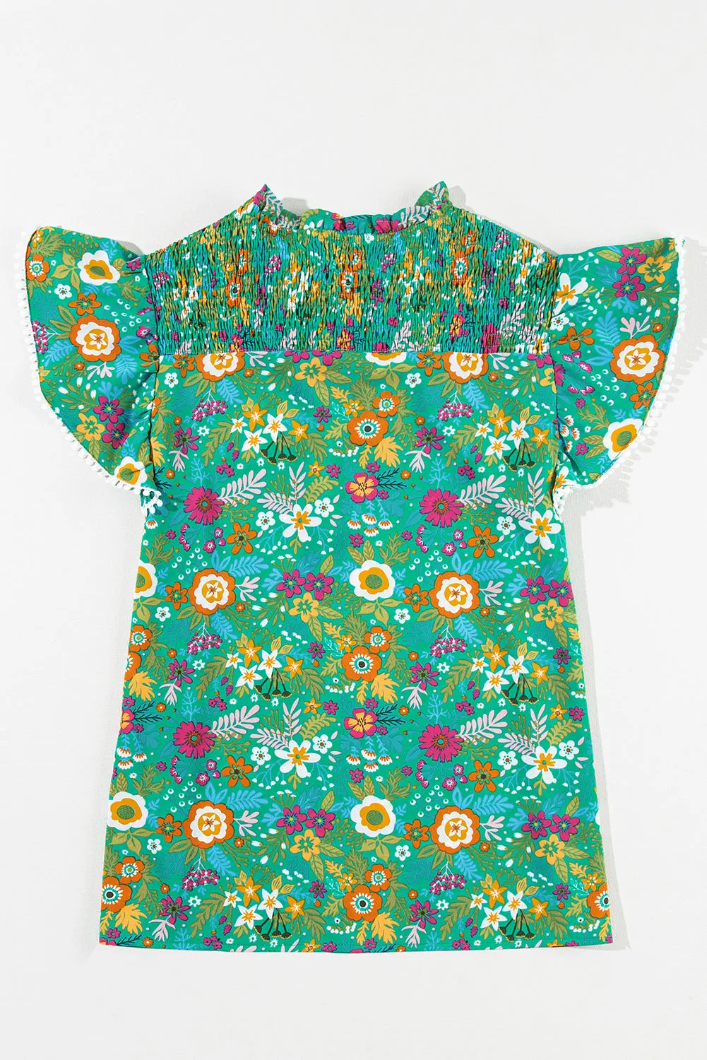 Black Lace Trim Flutter Sleeve Tropical Floral Blouse