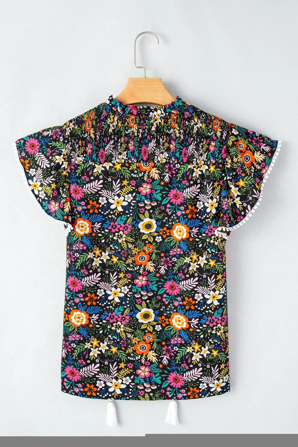 Black Lace Trim Flutter Sleeve Tropical Floral Blouse