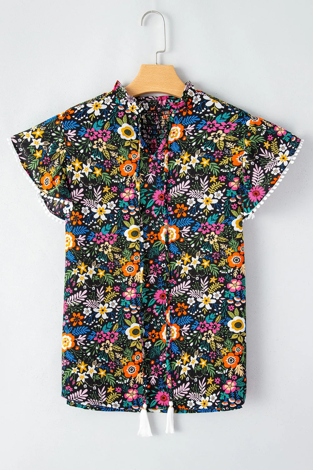 Black Lace Trim Flutter Sleeve Tropical Floral Blouse