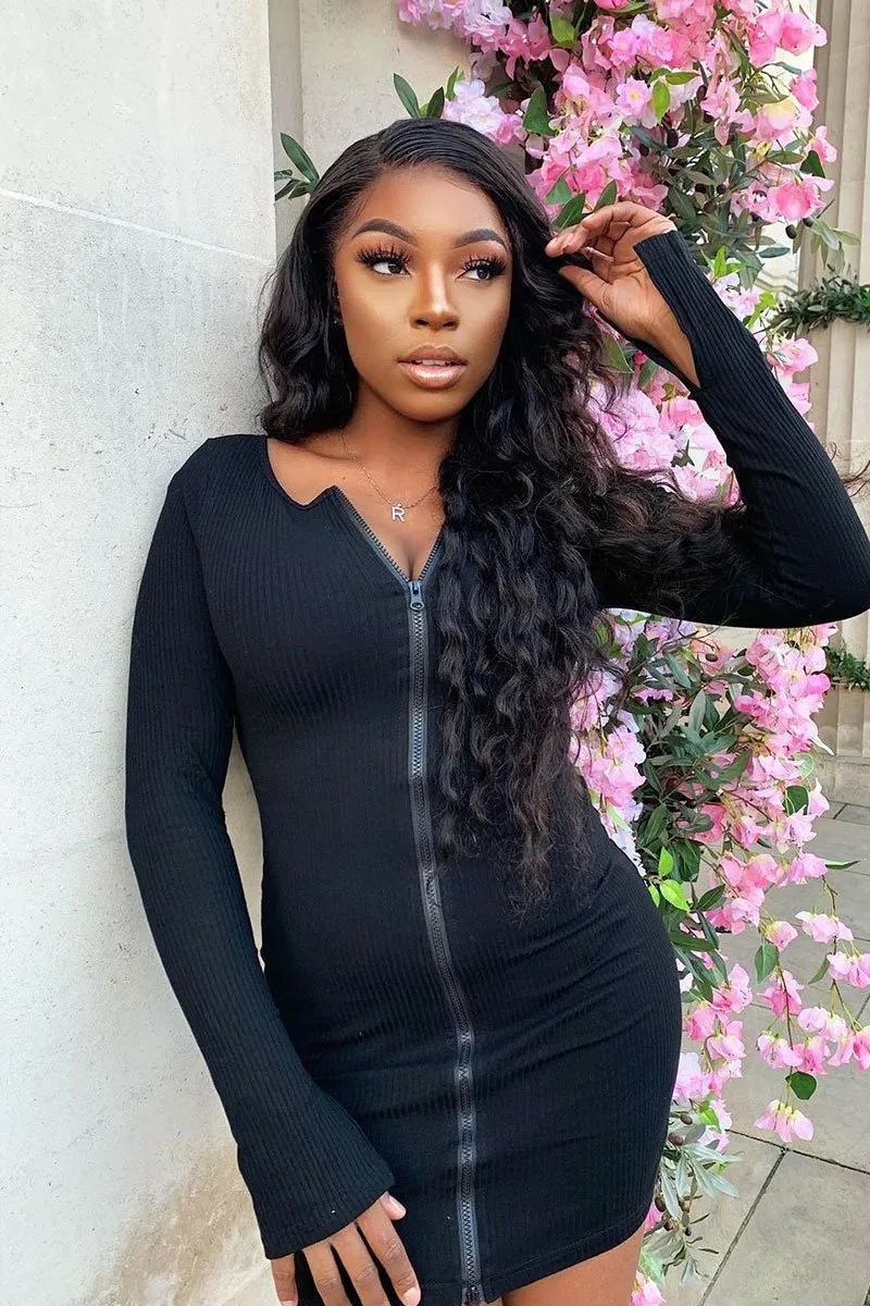 Black Ribbed Double Zip Bodycon Mini Dress - Bellani