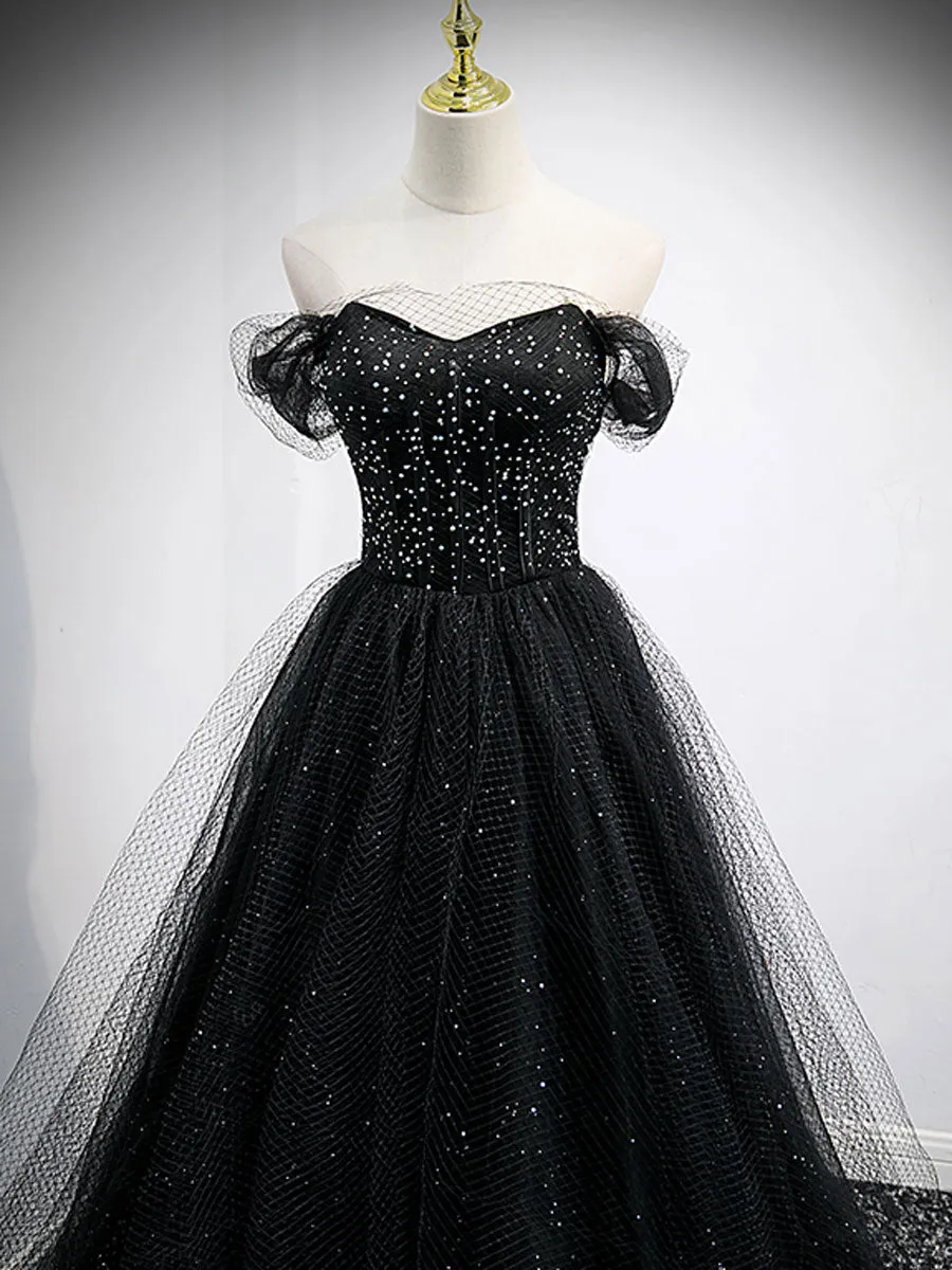 Black Sweetheart Off Shoulder Tulle Long Prom Dress Black Evening Dress