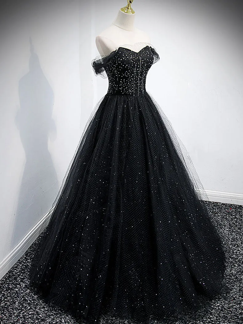 Black Sweetheart Off Shoulder Tulle Long Prom Dress Black Evening Dress