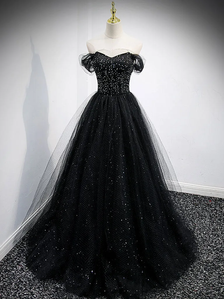 Black Sweetheart Off Shoulder Tulle Long Prom Dress Black Evening Dress