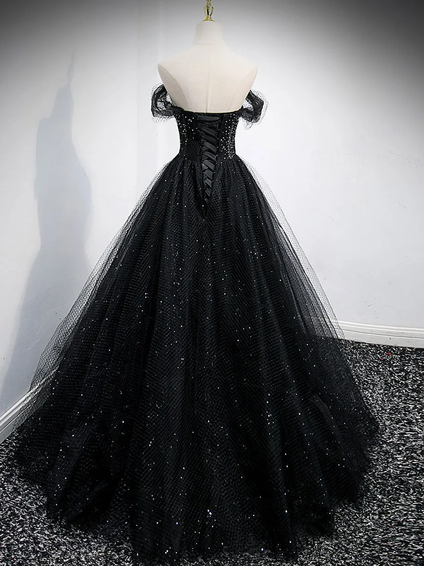 Black Sweetheart Off Shoulder Tulle Long Prom Dress Black Evening Dress